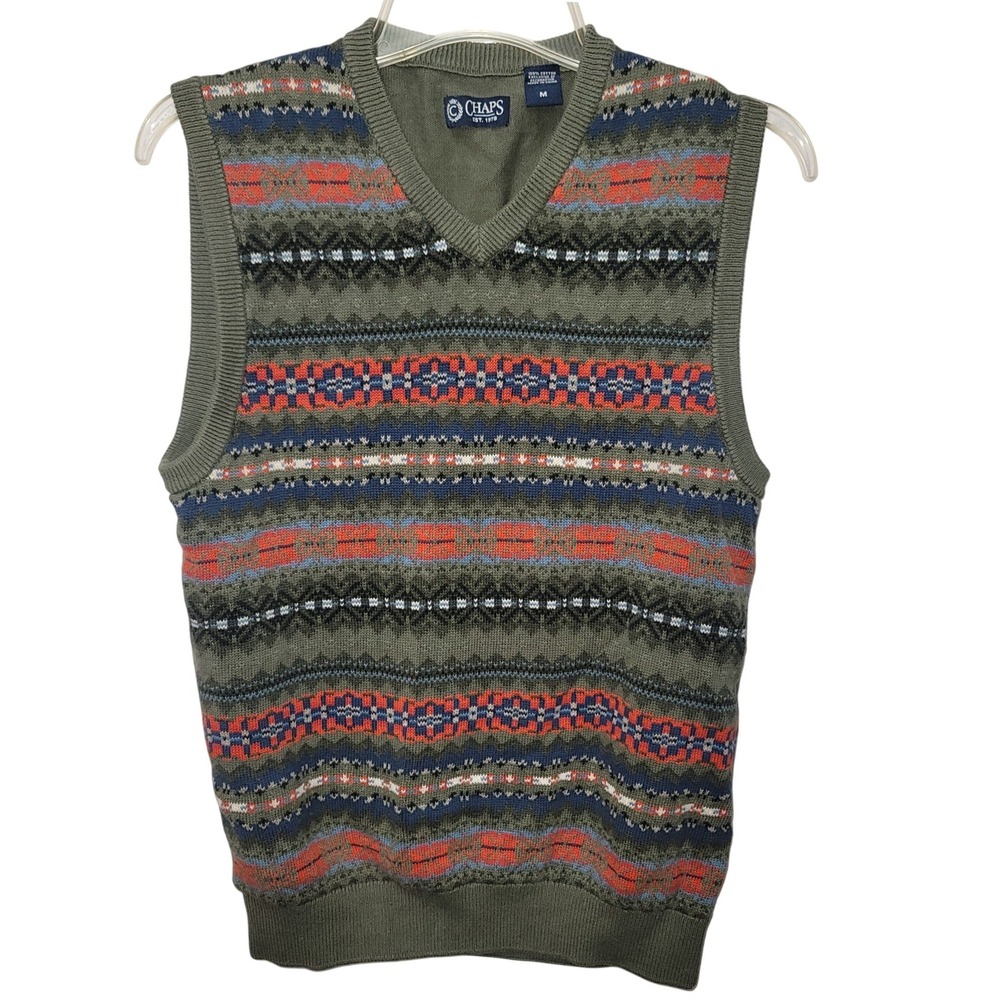 Chaps Men Cotton Fair Isle Sweater Vest Olive Knit M Cottagecore Academia Nordic - Picture 2 of 8